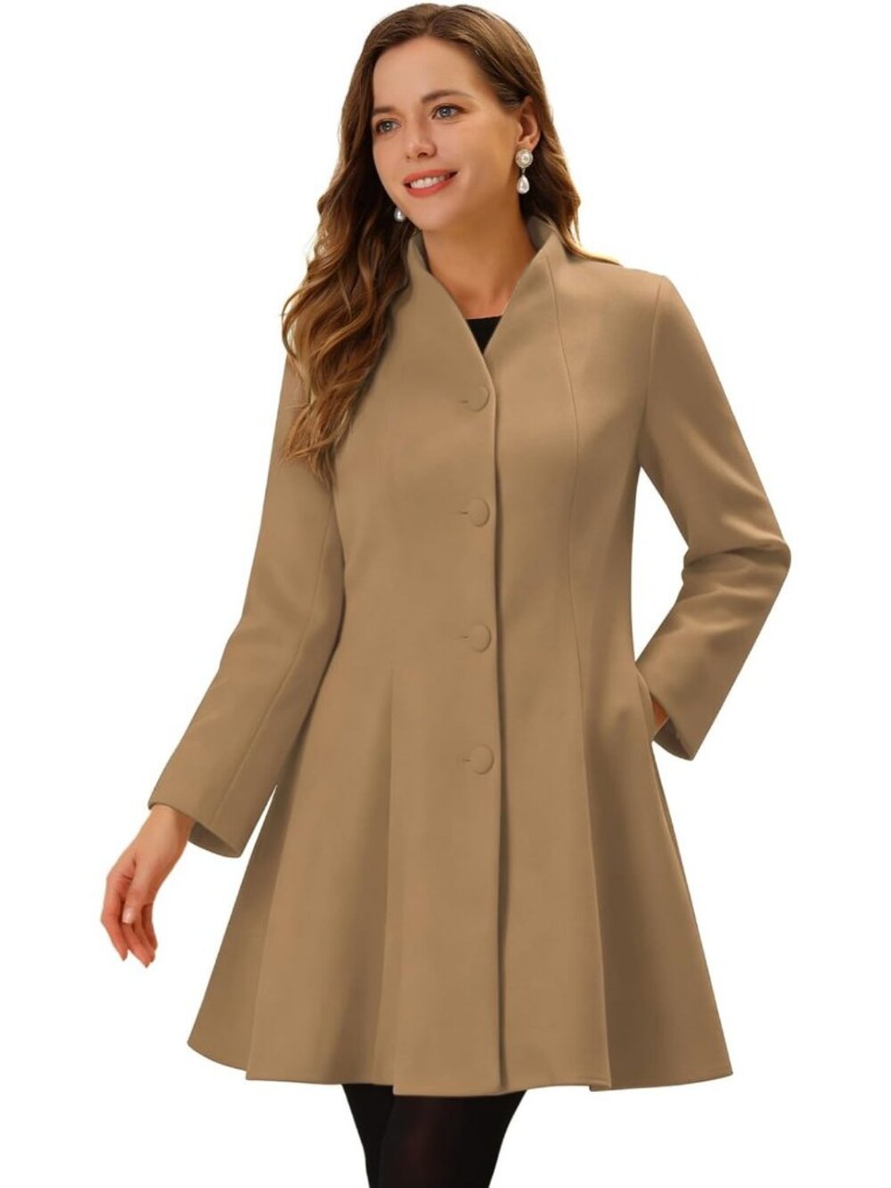 Chic Women's A-Line Pea Coat, Single Breasted Mid-Length Winter Overcoat